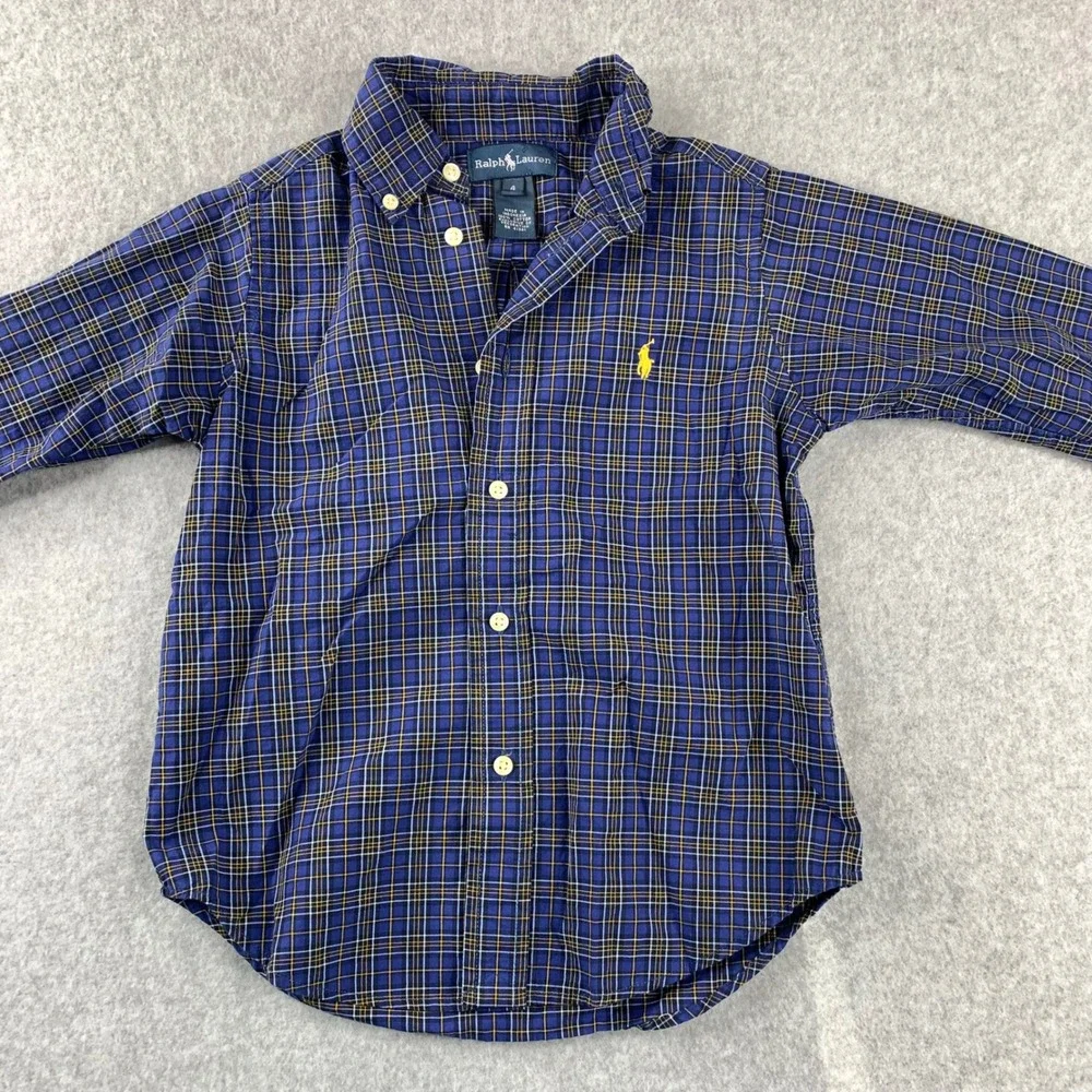 Ralph Lauren Button Down Shirt Boys‎ 4 Blue Plaid Long Sleeve Cotton Pony Logo